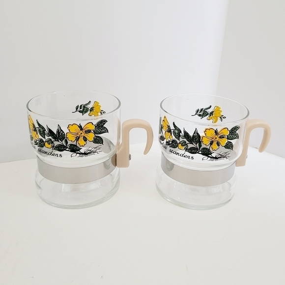 Vintage Coffee Cup Glasses w/ Plastic Handle Yellow flowers Set of 2 Floral Mugs - Picture 7 of 7